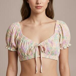 Wild Fable Women's Floral Puff Sleeve Crop Top Cottagecore Boho Tie Front M